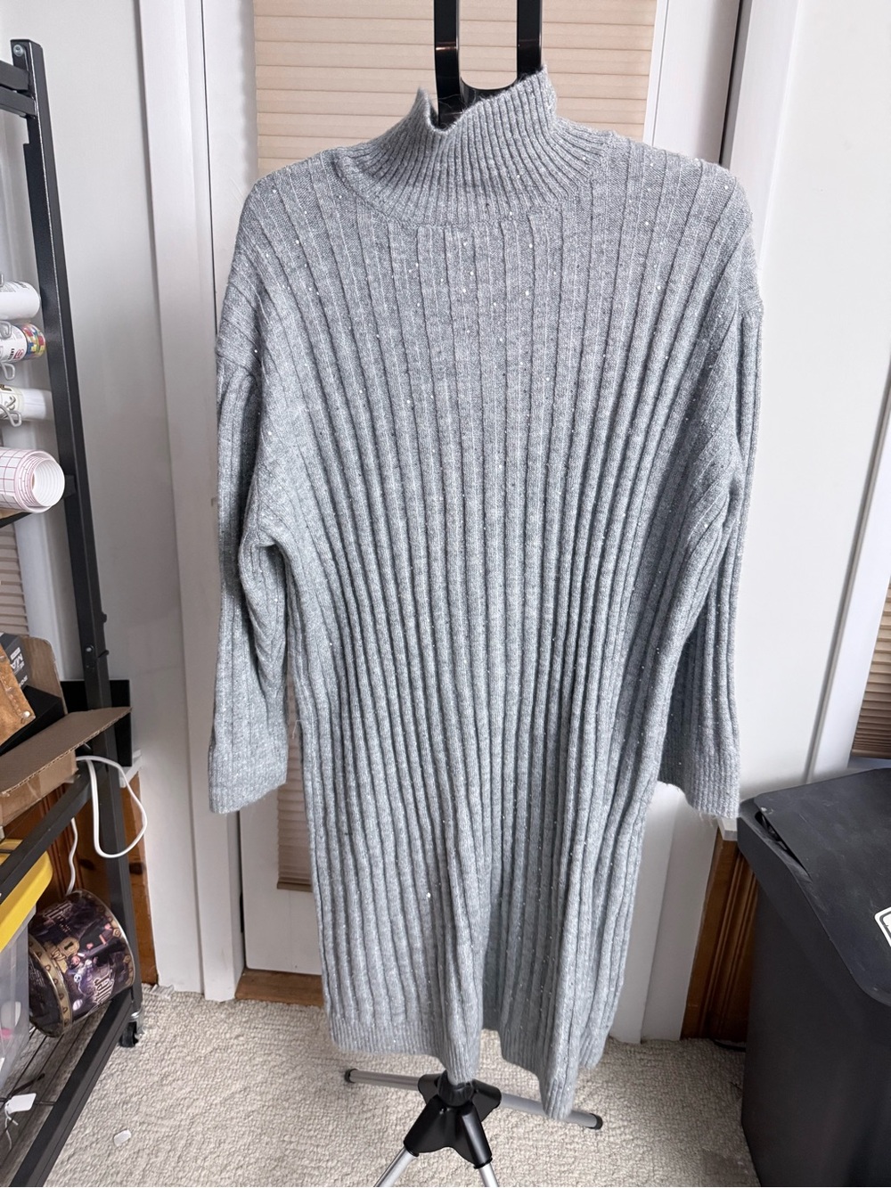 Ribbed Mock Neck Sweater Dress in Light Gray sequins cozy winter icy sparkle - Picture 10 of 12